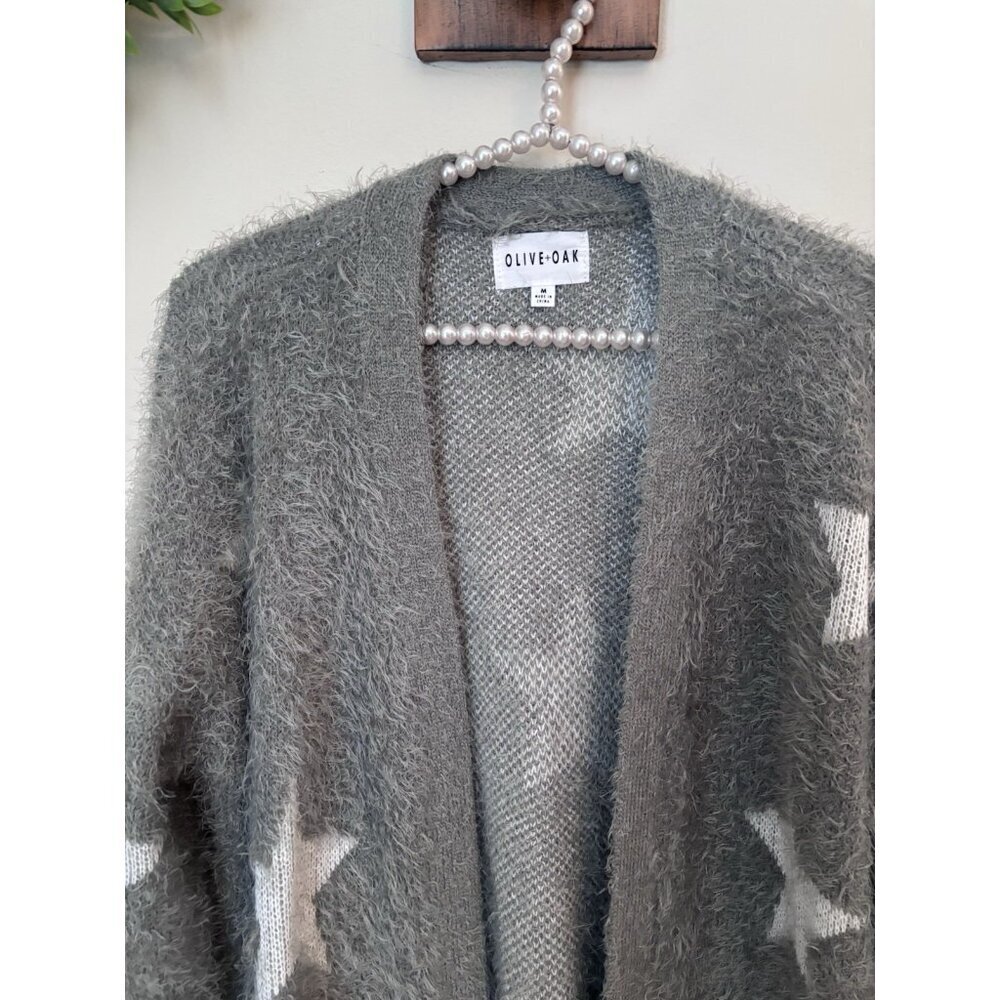 Olive+Oak Womens Size M Green Fuzzy Soft Cardigan Sweater White Stars - Picture 2 of 6